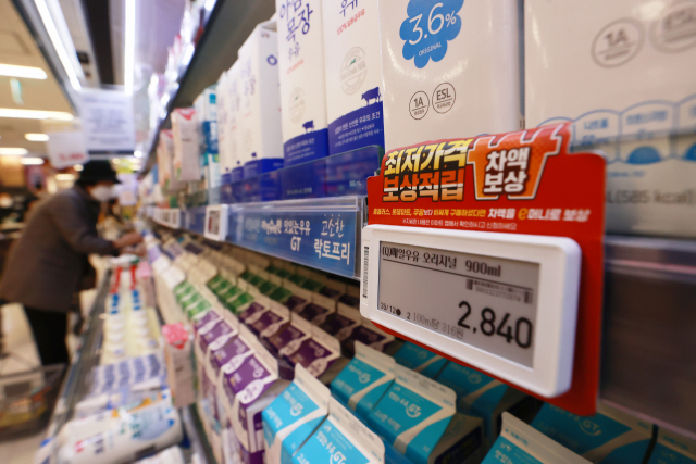 우유 원유(原乳) 가격 인상에 따라 흰 우유를 비롯한 유제품 가격이 오른 지난달 17일 서울의 한 대형마트에 우유 제품이 진열돼 있다. 연합뉴스