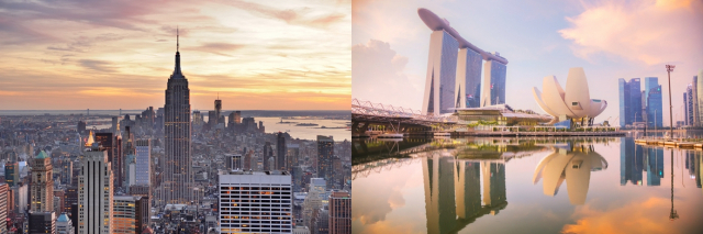 미국 뉴욕(왼쪽)과 싱가포르 마리나베이 전경. 이미지투데이