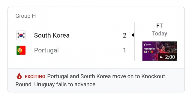 일 오전 2시 22분께 '한국 탈락 오보' 바로잡은 후 구글 월드컵 페이지 화면. 연합뉴스