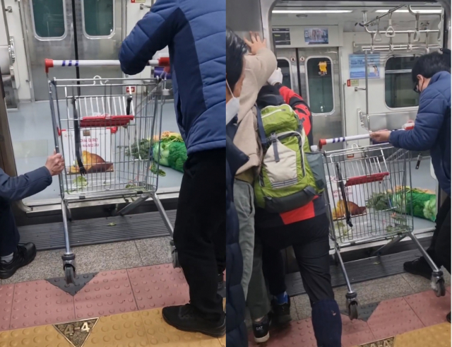 지하철 7호선 노원역에서 한 승객이 쇼핑카트를 끌고 지하철에 탑승하려다 카트 앞바퀴가 지하철과 승강장 사이 공간에 빠지는 일이 발생했다. 역무원과 시민들이 함께 열차를 밀어 쇼핑카트를 꺼냈다. 인스타그램 갈무리