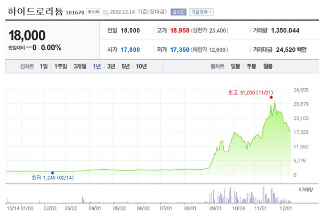 올 들어 1160%가량 폭등한 하이드로리튬. 사진=네이버 증권 캡처