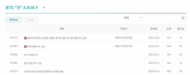 BTS 진 입대에 군 위문편지 커뮤니티도 '북적'…별도 게시판도