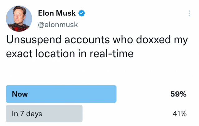 트위터 최고경영자(CEO) 일론 머스크가 정지시킨 기자들의 트위터 계정 복구와 관련해 진행한 투표 결과/사진=일론 머스크 트위터