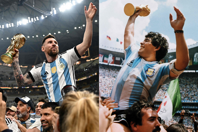 아르헨티나의 리오넬 메시가 월드컵 우승 트로피를 쥔 모습. 오른쪽은 1986년 멕시코 월드컵에서 디에고 마라도나가 트로피를 치켜든 장면. AFP연합뉴스