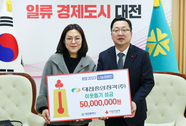 대전중앙청과 송미나(왼쪽) 대표가 이장우(오른쪽) 대전시장에게 이웃돕기 성금 5000만원을 기탁하고 있다. 사진제공=대전시