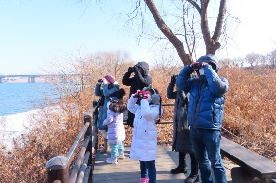 참가자들이 서울 고덕동 고덕수변생태공원에서 야생동물을 관찰하고 있다. 사진 제공=서울시