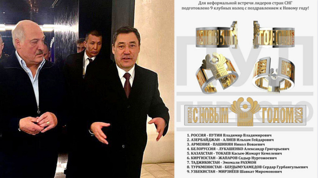 알렉산드르 루카셴코(왼쪽) 벨라루스 대통령이 지난 27일 러시아 상트페테르부르크에서 열린 독립국가연합(CIS) 정상회의 도중 블라디미르 푸틴 러시아 대통령이 선물한 반지를 착용한 채 걸어 나오고 있다. 모스크바타임스 캡처