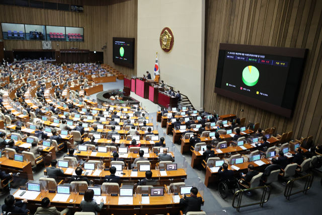 24일 새벽 0시 55분께 국회 본회의에서 2023년도 예산안이 의결 통과되고 있다. 연합뉴스