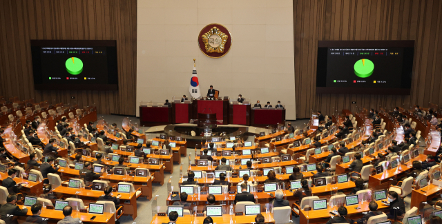 6일 열린 국회 본회의에서 이태원 참사 진상규명과 재발방지를 위한 국정조사특별위원회 활동기한 연장의 건이 가결되고 있다. / 연합뉴스