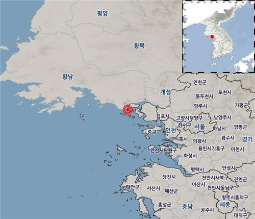 9일 오전 1시 28분께 규모 3.7 지진이 발생한 인천 강화군 서쪽 25㎞ 해역. 기상청 제공