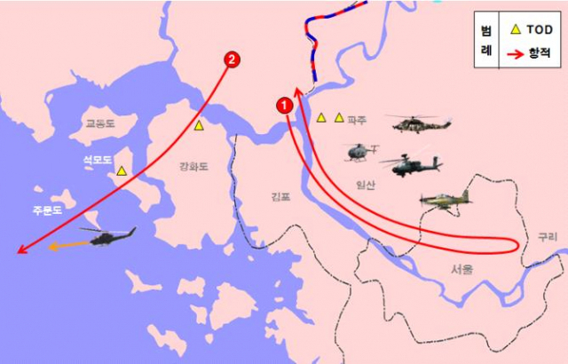 2022년 12월 26일 북한 무인기 5대가 남침한 경로를 그린 설명도. 1번은 서울을 침범한 1대의 경로. 2번은 나머지 4대가 강화도 등을 지나 서해로 빠져나간 경로. 제공=합참