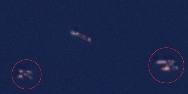 플래닛 랩스의 위성이 2023년 1월 10일 북한 서해 초도 일대에서 찍은 해상 사진. 불법환적에 가담한 것으로 의심되는 선박 6척이 붉은 색 동그라미 속 지점을 이동하고 있다. 사진출처=VOA