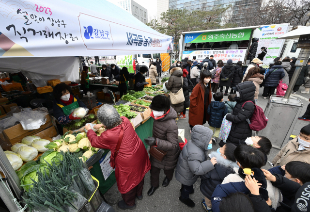 시민들이 17일 서울 삼성동 강남구청 주차장에서 열린 '2023 설 맞이 직거래 장터'에서 제수용품을 구입하고 있다. 오승현 기자