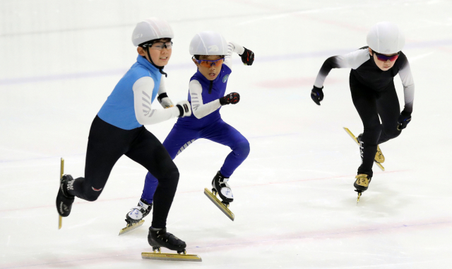 초등학생 빙상 선수들이 쇼트트랙 경기에서 경쟁을 벌이고 있다. 연합뉴스