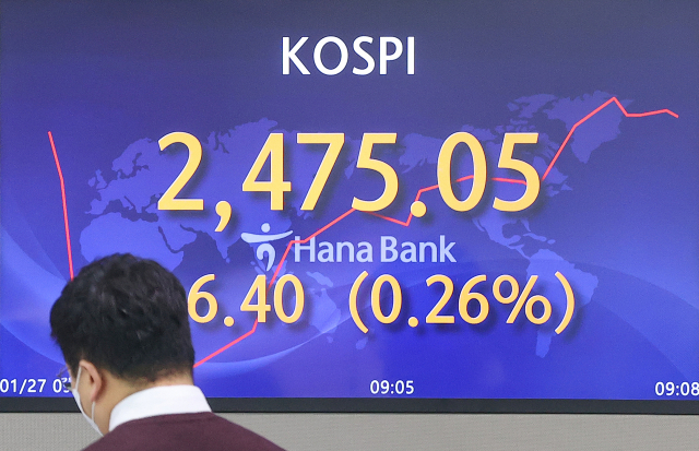 코스피가 전 거래일보다 5.87포인트(0.24%) 오른 2474.52로 시작한 27일 오전 서울 중구 하나은행 본점 딜링룸에서 딜러들이 업무를 보고 있다. 연합뉴스