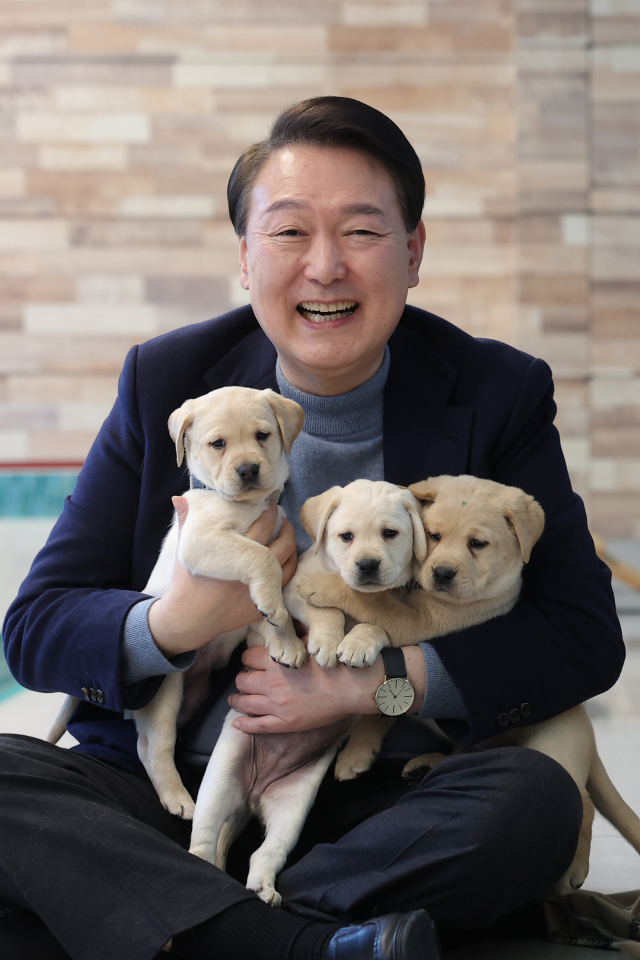 윤석열 대통령이 지난해 12월 24일 경기도 용인 삼성화재 안내견 학교에서 리트리버 강아지들을 안아주며 환하게 웃고 있다. 연합뉴스