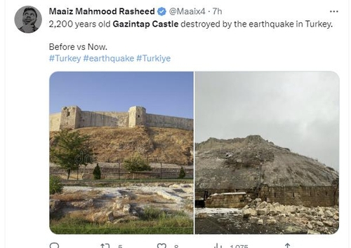 진도 7.8의 대형 지진이 강타한 튀르키예(터키) 동남부 가지안테프에 위치한 2천200년 역사의 가지안테프 성의 이전(왼쪽)과 지진 이후 모습을 비교해놓은 사진. /트위터캡처