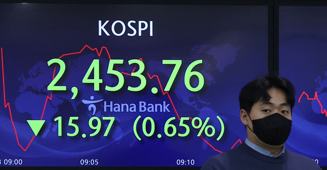 코스피가 전 거래일보다 7.77포인트(0.31%) 내린 2461.96로 시작한 13일 오전 서울 중구 하나은행 본점 딜링룸에서 딜러들이 업무를 보고 있다. 연합뉴스