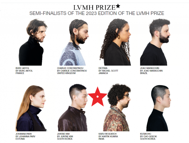 LVMH그룹의 신진 디자이너 발굴·지원 프로그램인 ‘LVMH 프라이즈’의 2023년 경연 준결선 진출자 22명에 한국인 디자이너 김준태(아래 왼쪽 두번째)와 조기석(아래 오른쪽)이 포함됐다.