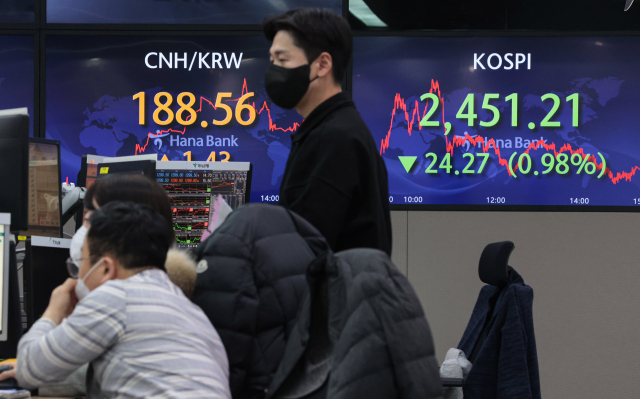 17일 서울 중구 하나은행 본점 딜링룸 현황판에 코스피가 표시돼 있다. 연합뉴스