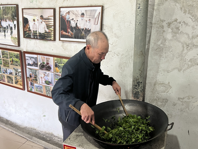 하이난성 우즈산시 수이만향 마오나촌의 차 생산 농가에서 21일 차를 덖고 있는 노인 뒤로 시진핑 중국 국가주석이 이곳을 방문했을 당시의 사진들이 걸려 있다. 김광수특파원.