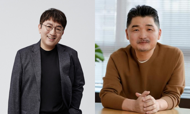 방시혁(왼쪽) 하이브 이사회 의장과 김범수 카카오 창업자. 서울경제DB