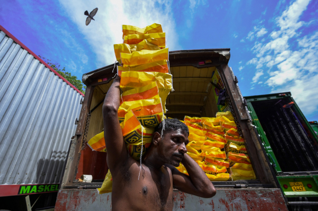 20일(현지시간) 스리랑카 콜롬보의 한 시장에서 짐을 나르는 근로자. /AFP연합뉴스