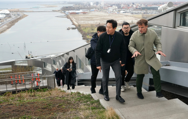 오세훈(앞줄 왼쪽) 서울시장이 20일(현지시간) 덴마크 코펜하겐의 '아마게르 바케' 계단을 오르고 있다. 사진제공=서울시