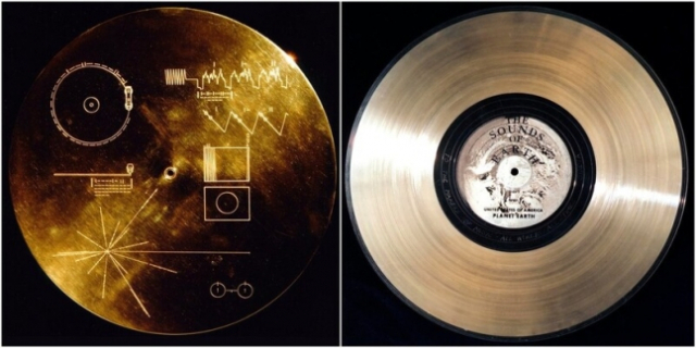 보이저 1·2호에 실린 레코드판. 오른쪽 둥근판이 지구의 소리와 언어, 사진 등이 담겨 있는 레코드판이고 왼쪽이 이를 재생하는 방법을 담은 사용설명서이다. 사진 제공=나사