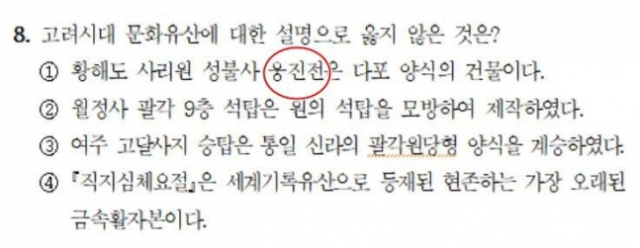 2023년도 국가공무원 9급 한국사 8번 문제에서 선택지 1번의 '응진전'에 '웅진전'으로 오타가 나 있다. 자료제공=인사혁신처