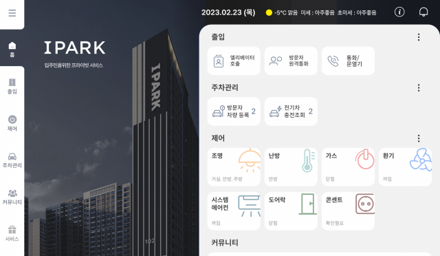 아이파크의 ‘HDC홈패드’. 이를 이용해 조명·가스·난방·환기 조절뿐만 아니라 아파트 공지 사항, 주차 위치 확인 등의 정보를 조회할 수 있다. 자료 제공=HDC현대산업개발
