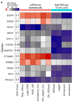 단일세포와 벌크샘플 데이터 분석을 통한 주요 폐암유전자들 랭크 비교. 유니스트