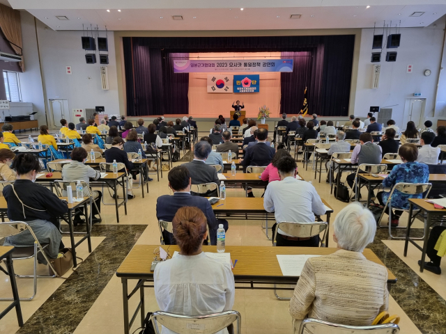 김관용 민주평화통일자문회의 수석부의장이 23일 일본 오사카에서 재일동포들을 상대로 한 통일정책 강연회를 열었다. 사진제공=민주평통