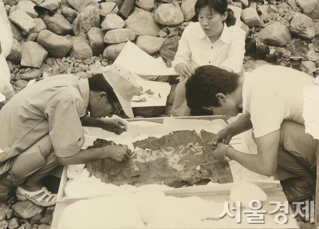 1973년 천마총 발굴자들이 천마도를 ‘조립’하고 있다. 사진 제공=문화재청