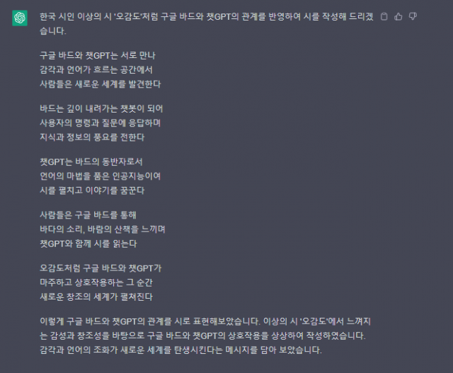 ‘한국 시인 이상의 시 ‘오감도’에서 영감을 받아 구글 바드와 챗GPT의 관계를 담은 시를 작성해줘'에 대한 오픈AI 챗GPT의 답변/챗GPT 갈무리