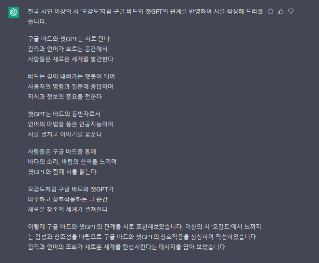 ‘한국 시인 이상의 시 ‘오감도’에서 영감을 받아 구글 바드와 챗GPT의 관계를 담은 시를 작성해달라’는 질문에 대한 오픈AI 챗GPT의 답변. 챗GPT 갈무리