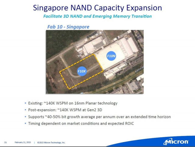마이크론이 2015년 당시 발표한 싱가포르 팹10 확장 계획. 2D 플래시에서 3D 낸드플래시로 넘어간다는 계획이 눈에 띕니다. 이 슬라이드에는 보이지 않지만 F10X 아래에 F10A를 건립했죠. 사진출처=마이크론