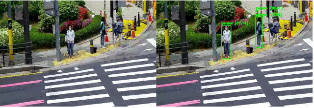 용인시 수지구가 매봉초교 앞에 설치한 AI 기반 교통사고 방지시스템이 보행자를 인식하는 모습. 사진 제공 = 수지구