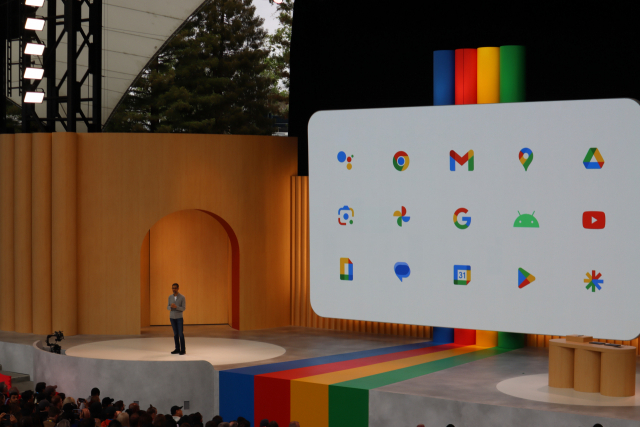 지난 10일(현지 시간) 미국 마운틴뷰 구글 캠퍼스에서 순다르 피차이 구글 CEO가 구글 I/O 기조연설을 하고 있다. /실리콘밸리=정혜진 특파원