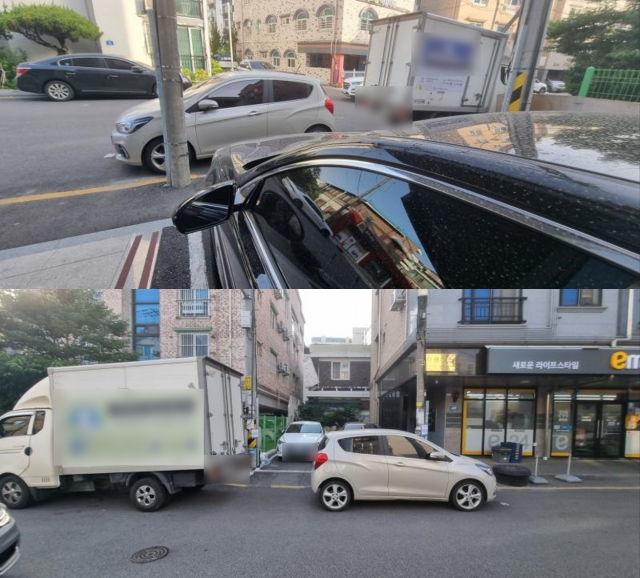 한 소형차가 야외 주차장 진출입로를 막고 서 있다. 온라인 커뮤니티 캡처