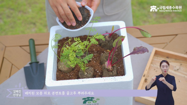 온라인 정원교육 프로그램 ‘비밀의 정원상자’ 온라인 교육영상과 수어해설 모습. 사진제공=국립세종수목원