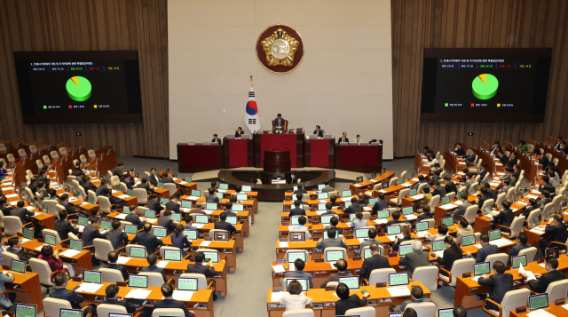 전세사기피해자 지원 및 주거안정에 관한 특별법이 25일 오후 서울 여의도 국회에서 열린 본회의에서 통과되고 있다. 연합뉴스