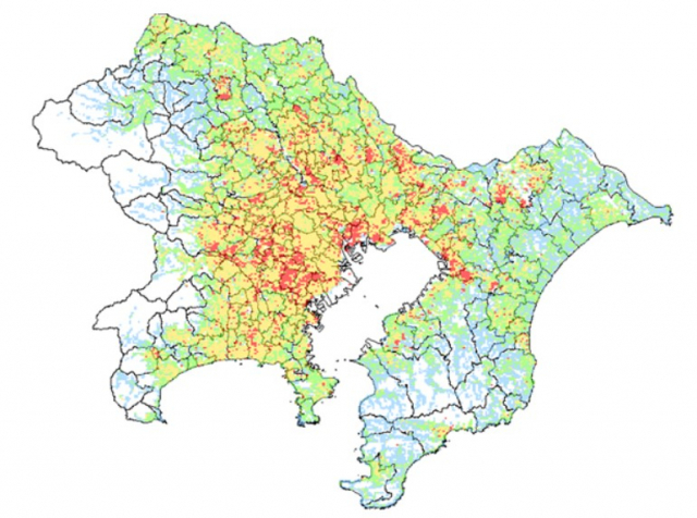 지난 2017년 일본 국토교통성이 예상한 도쿄도 2050년 인구 증감추이. 붉은 부분은 인구가 기준연도인 2010년에 비해 늘어난 곳이며 푸를수록 인구가 줄어드는 곳이다./국토교통성 홈페이지 갈무리