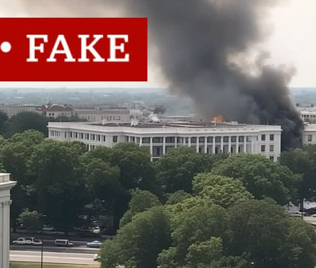 AI가 만든 백악관 폭발 이미지로 가짜임을 나타내기 위해 ‘거짓(fake)’이라는 글자가 표시됐다. 트위터 캡처