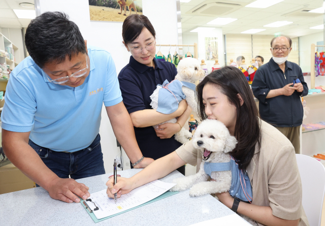 1일 오후 서울 김포공항 국내선 청사에서 열린 애견센터 개소식에서 첫 이용객이 강아지를 위탁 접수하고 있다. 연합뉴스