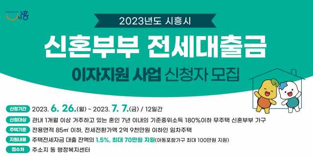 시흥시가 지원하는 ‘2023 신혼부부 전세대출금 이자지원 사업’ 안내 포스터. 사진 제공 = 시흥시