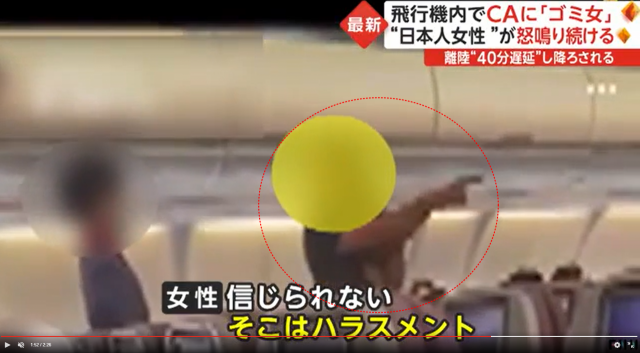 승무원에게 분노를 터뜨린 일본인 승객(붉은색 원). FNN프라임온라인 보도화면 캡처