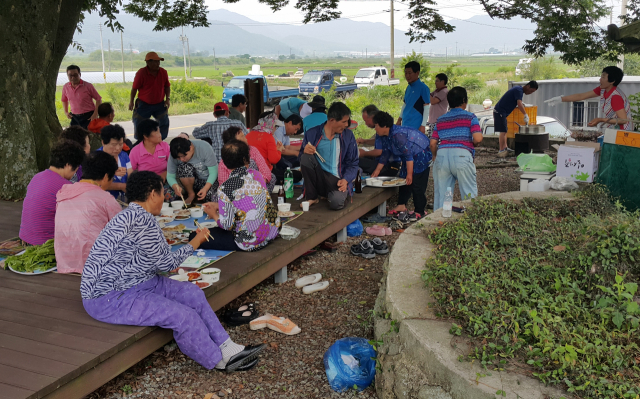 전남 장흥군 관산읍 한 마을에서 마을공동급식 지원사업을 통해 주민들이 함께 점심식사를 하고 있는 모습. 사진 제공=전라남도