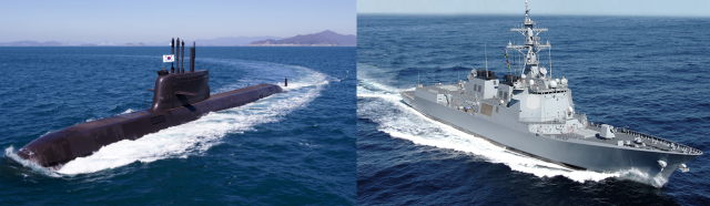 한화오션 잠수함(왼쪽)과 HD현대중공업의 구축함. 사진 제공=한화오션·HD현대중공업