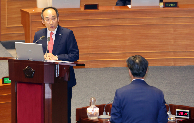 추경호 경제부총리가 13일 국회 본회의에서 유동수 더불어민주당 의원의 대정부 질문에 답변하고 있다. 연합뉴스